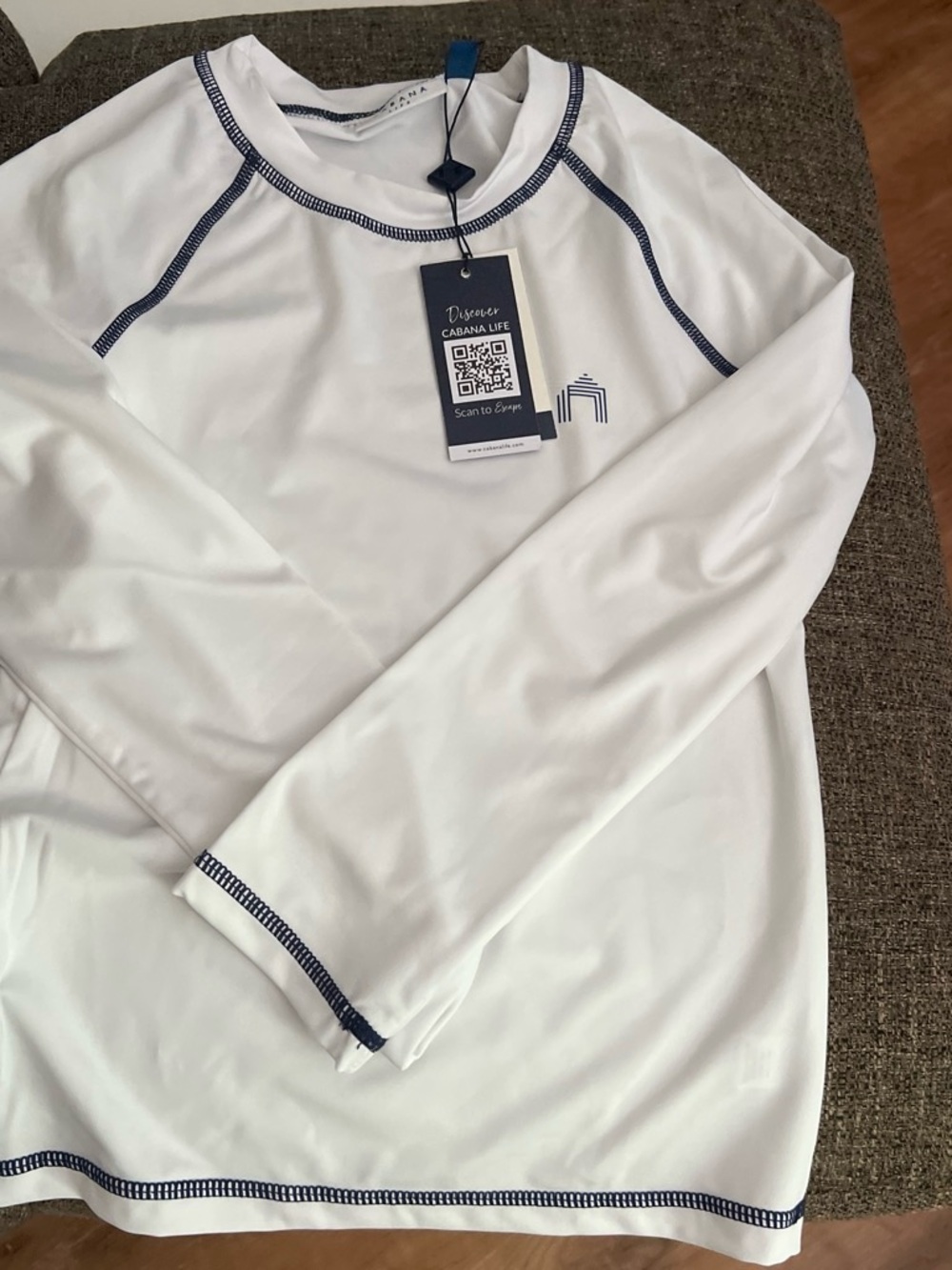 Cabana Life White Long-Sleeve Rash Guard with Navy Contrast Stitching